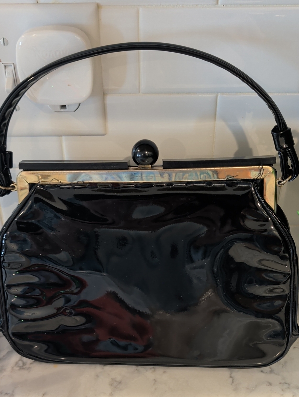 Vintage Classic Black Patent Frame-Top Women's Handbag